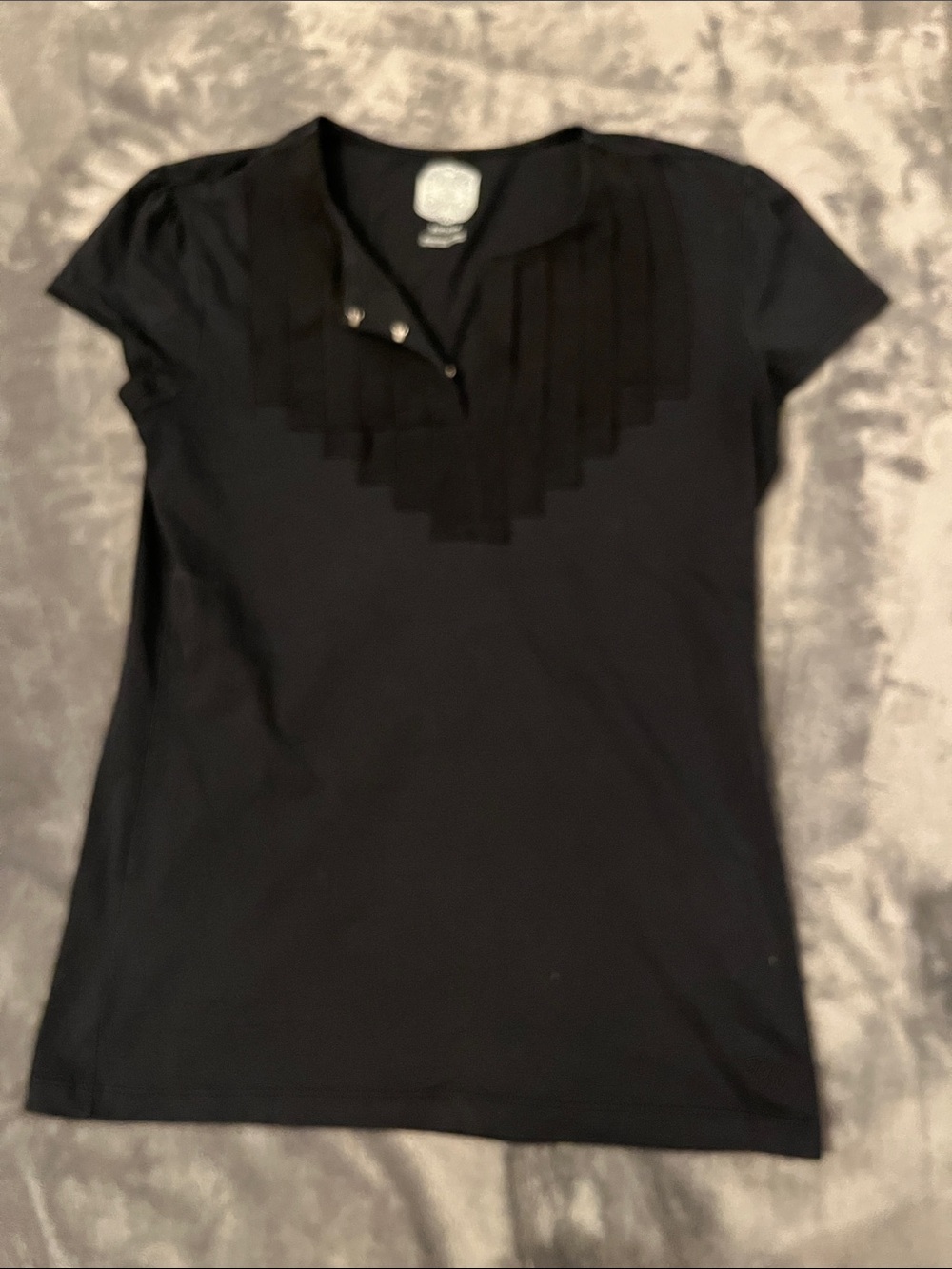 Tommy Hilfiger Black Short Sleeve Top with Pleated V-Yoke